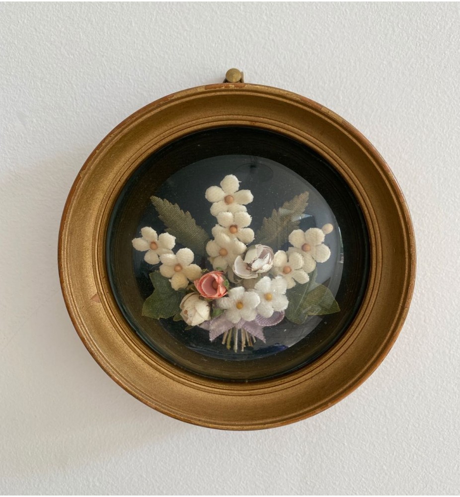 Cadre Ovale Vintage – Bouquet De Fleurs Séchées Sous Verre Bombé – Déco Murale